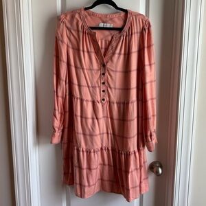 LOFT Coral Pink Ruffled Long Sleeve Plaid Dress
